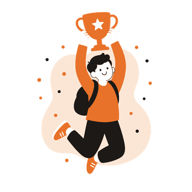 Student jumping with a trophy